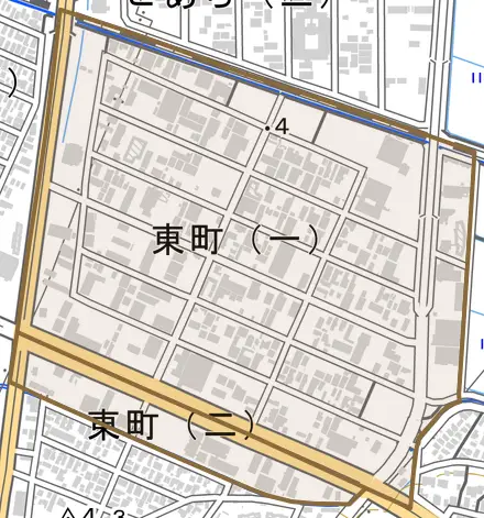 東町とその周辺の地図。町の範囲を重ねている