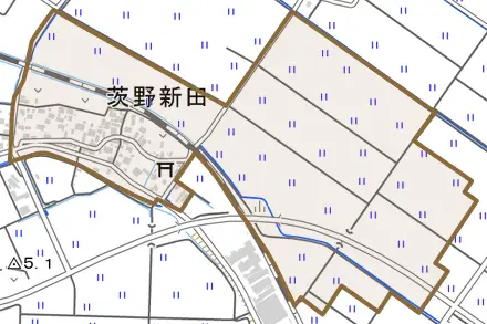 茨野新田とその周辺の地図。町の範囲を重ねている
