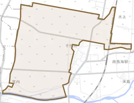 千代田とその周辺の地図。町の範囲を重ねている