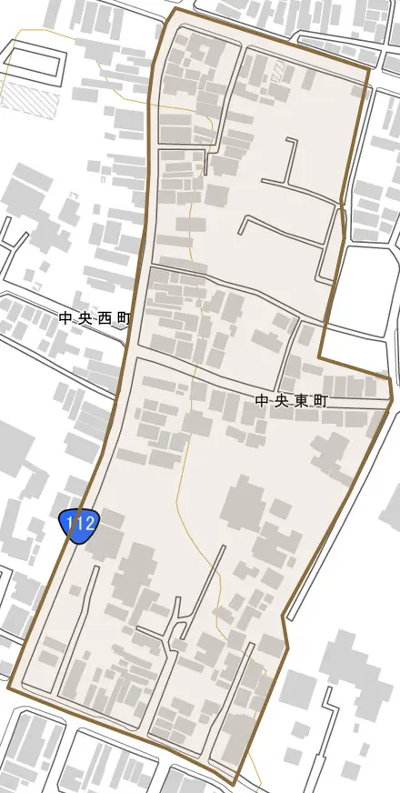 中央東町とその周辺の地図。町の範囲を重ねている