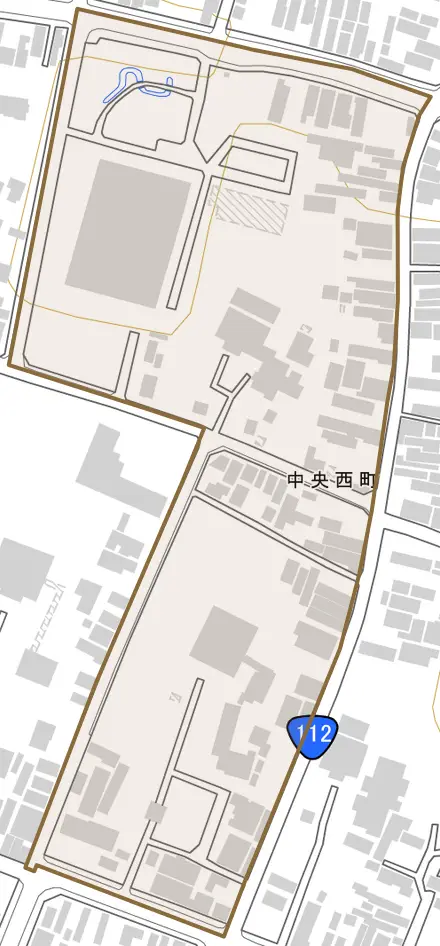中央西町とその周辺の地図。町の範囲を重ねている