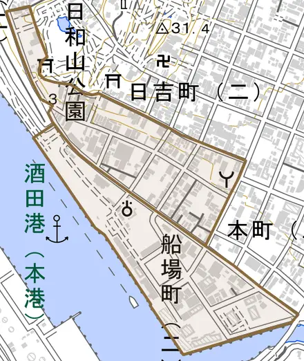 船場町とその周辺の地図。町の範囲を重ねている