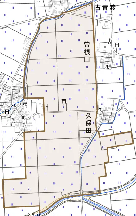 古青渡とその周辺の地図。町の範囲を重ねている