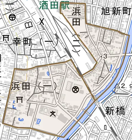 浜田とその周辺の地図。町の範囲を重ねている