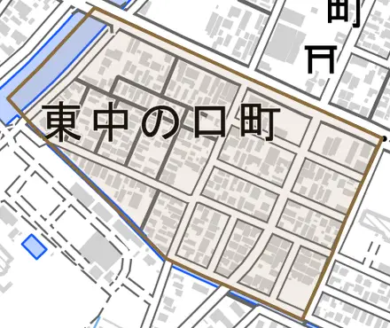 東中の口町とその周辺の地図。町の範囲を重ねている