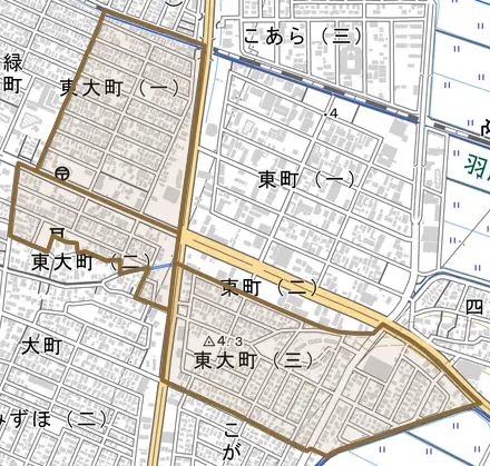東大町とその周辺の地図。町の範囲を重ねている