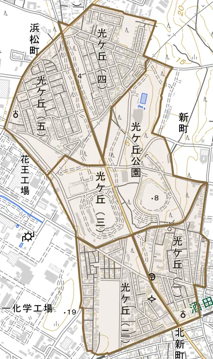 光ケ丘とその周辺の地図。町の範囲を重ねている