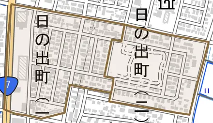 日の出町とその周辺の地図。町の範囲を重ねている