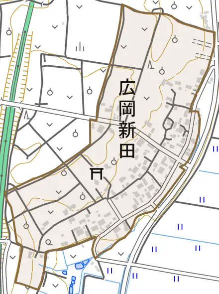 広岡新田とその周辺の地図。町の範囲を重ねている