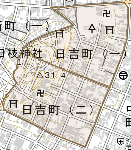 日吉町とその周辺の地図。町の範囲を重ねている