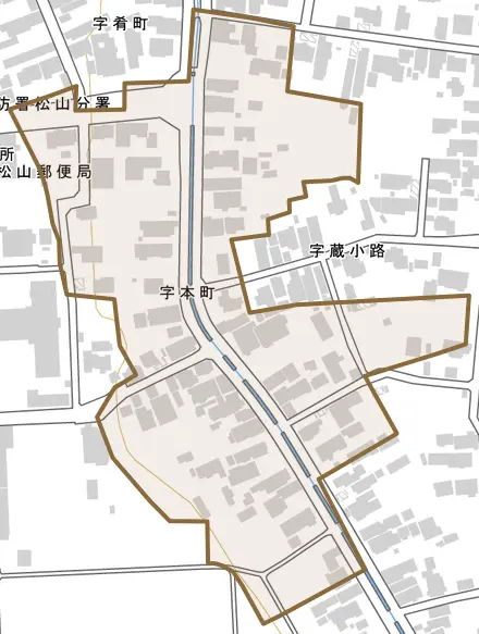 字本町とその周辺の地図。町の範囲を重ねている