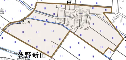 本川とその周辺の地図。町の範囲を重ねている