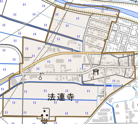 法連寺とその周辺の地図。町の範囲を重ねている