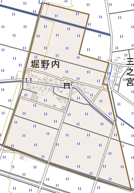 堀野内とその周辺の地図。町の範囲を重ねている