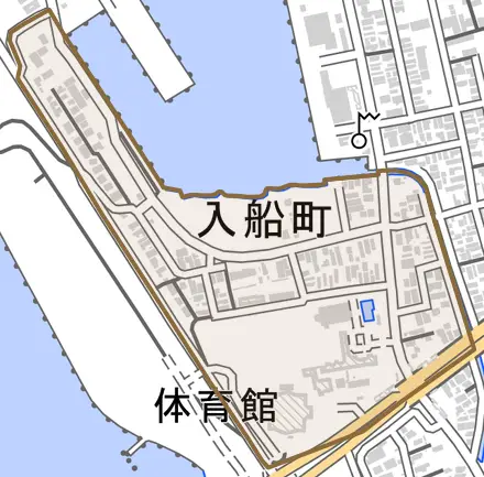 入船町とその周辺の地図。町の範囲を重ねている