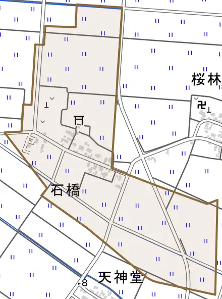 石橋とその周辺の地図。町の範囲を重ねている