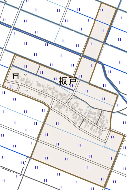 板戸とその周辺の地図。町の範囲を重ねている