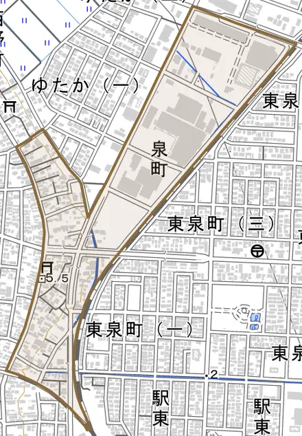 泉町とその周辺の地図。町の範囲を重ねている