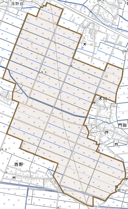 門田とその周辺の地図。町の範囲を重ねている