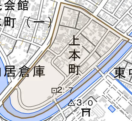 上本町とその周辺の地図。町の範囲を重ねている