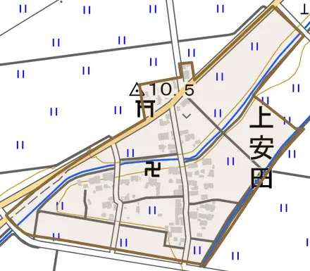 上安田とその周辺の地図。町の範囲を重ねている