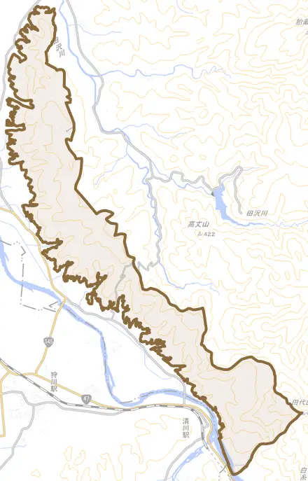 柏谷沢とその周辺の地図。町の範囲を重ねている