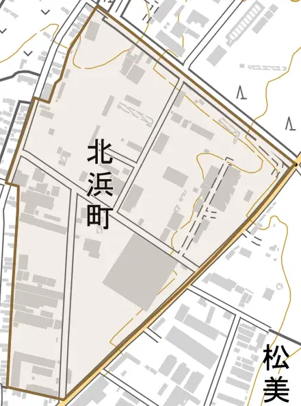 北浜町とその周辺の地図。町の範囲を重ねている