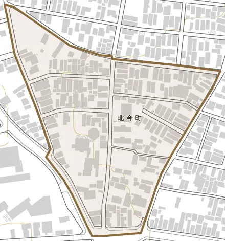 北今町とその周辺の地図。町の範囲を重ねている