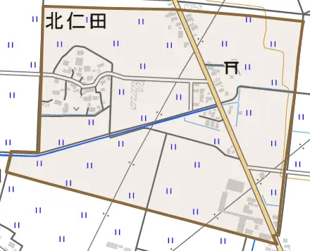 北仁田とその周辺の地図。町の範囲を重ねている