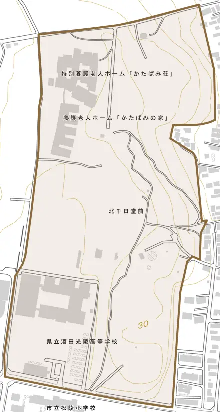 北千日堂前とその周辺の地図。町の範囲を重ねている