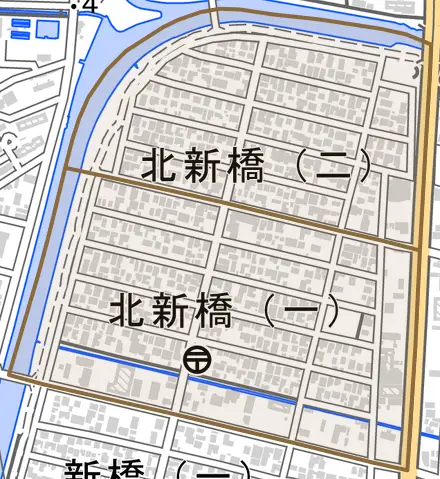 北新橋とその周辺の地図。町の範囲を重ねている