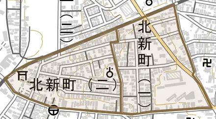 北新町とその周辺の地図。町の範囲を重ねている