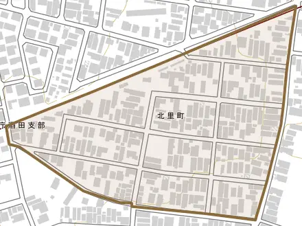 北里町とその周辺の地図。町の範囲を重ねている