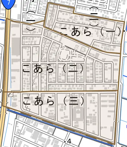 こあらとその周辺の地図。町の範囲を重ねている