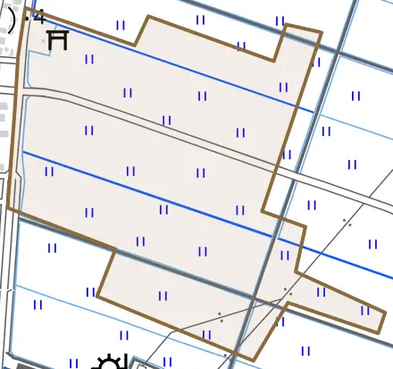 古荒新田とその周辺の地図。町の範囲を重ねている