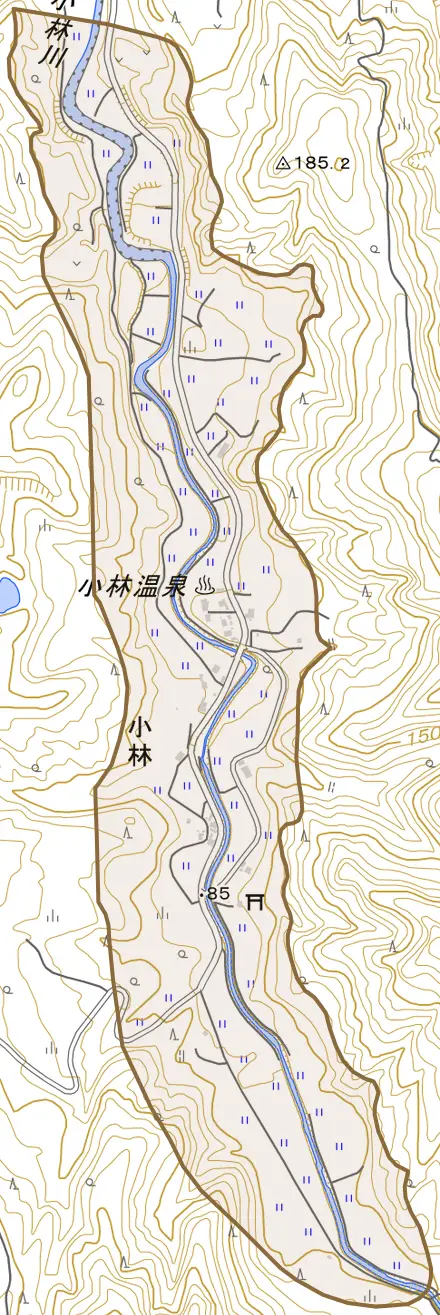 小林とその周辺の地図。町の範囲を重ねている