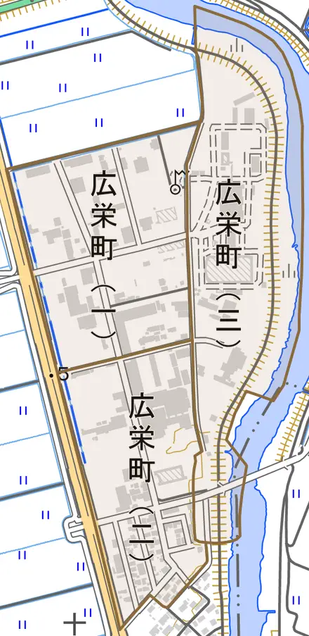 広栄町とその周辺の地図。町の範囲を重ねている