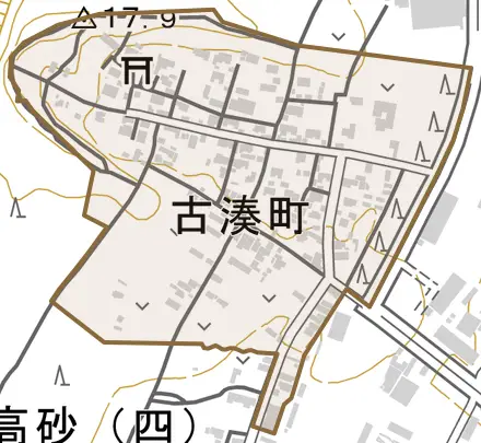 古湊町とその周辺の地図。町の範囲を重ねている