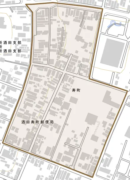寿町とその周辺の地図。町の範囲を重ねている
