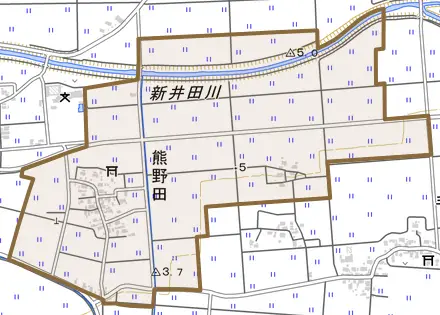 熊野田とその周辺の地図。町の範囲を重ねている