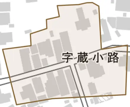 字蔵小路とその周辺の地図。町の範囲を重ねている