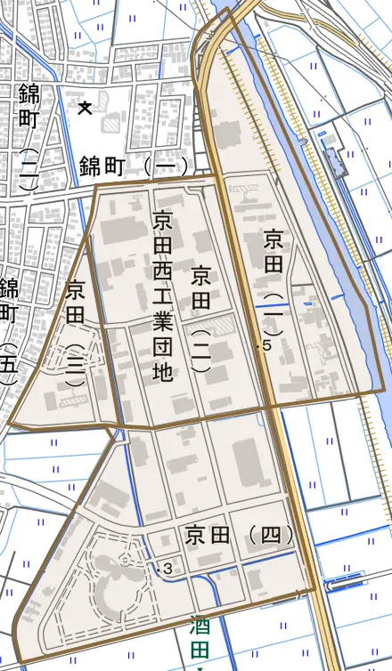 京田とその周辺の地図。町の範囲を重ねている