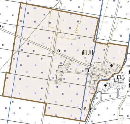 前川とその周辺の地図。町の範囲を重ねている