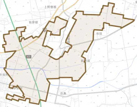 牧曽根とその周辺の地図。町の範囲を重ねている