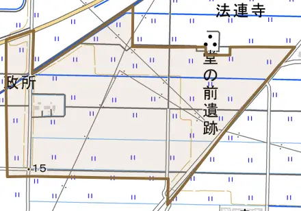 政所とその周辺の地図。町の範囲を重ねている