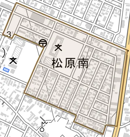 松原南とその周辺の地図。町の範囲を重ねている