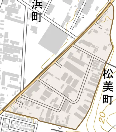 松美町とその周辺の地図。町の範囲を重ねている