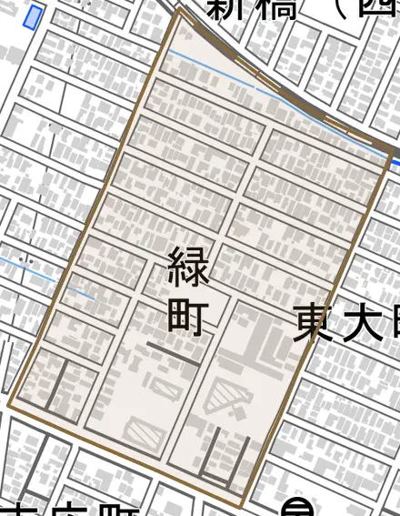 緑町とその周辺の地図。町の範囲を重ねている