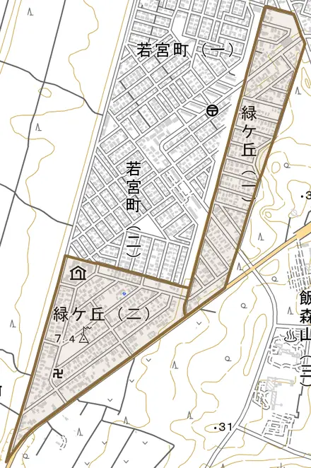 緑ケ丘とその周辺の地図。町の範囲を重ねている