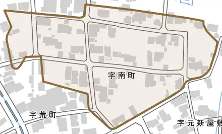 字南町とその周辺の地図。町の範囲を重ねている